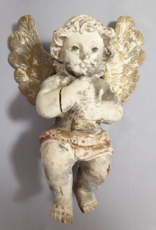 Vintage Antique Large Hand Carved Painted Wood Angel Putti Cherub Glass Eyes