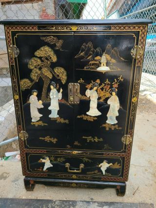 Antique Oriental Black Lacquer Cabinet 2 Shelves One Drawer Chinoiserie 36x24x12