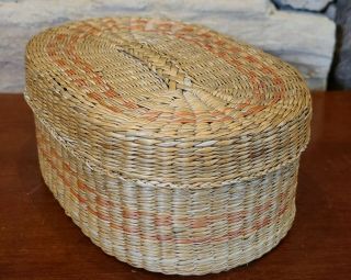 Vintage Multi Color Woven Straw Grass Small Lidded Oval Basket