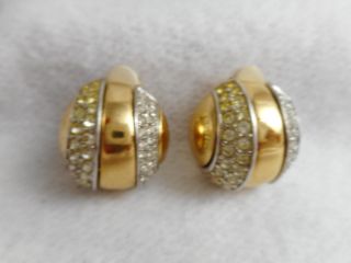 Vintage Givenchy Gold Plated & White Crystal Domed Clip On Earrings
