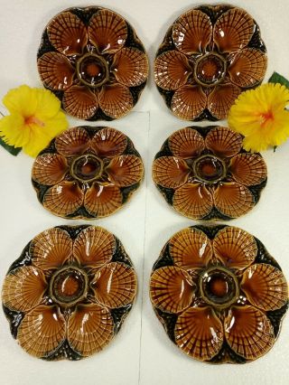 Antique French Sarreguemines Vintage Oyster Plates Ceramic Clams Majolica Brown