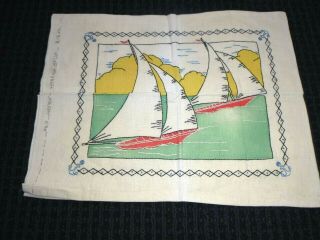 Vtg Vogart Tinted & Embroidered Pillow Cover Sailboats Nautical Compete 17x13.  5