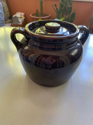 Vintage Brown Glaze Stoneware Crock Bean Pot With Handles And Lid Pottery