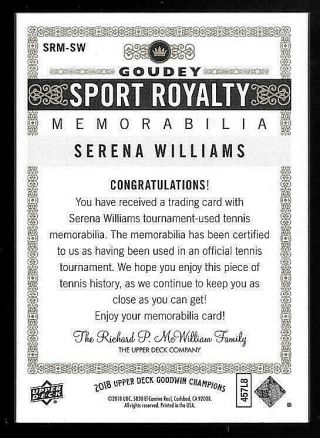 2018 UD Goodwin Goudey Sport Royalty Premium Serena Williams 2 Color Relic /25 2