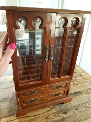 Vintage Wood Jewelry Box/chest 2 Drawer 2 Door 17 " Tall W Glass Front 5