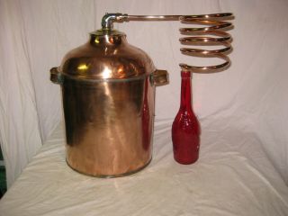 Antique Copper Moonshine Still With Coil,  Corked Wine Bottle 4 - 5 Gallon Still