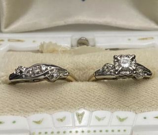 Diamond 14k White & Yellow Gold Wedding Set 2 Ring Vintage Ring Box Brides Pride