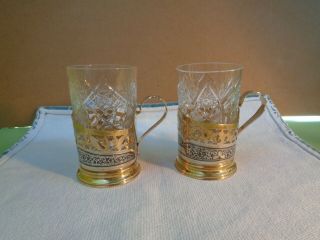 Set Of 2 Russian Vintage Niello Sterling Silver 875 Glass Cup Holder With Glass
