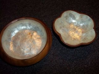 Vintage Kapiz Shell Wooden Bowls By Noveco Hawaii 1flower Shape,  1round 4in.  Apx