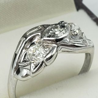 ANTIQUE Art Deco 14kt OLD MINE CUT Diamond Ring Marquise Baguette & Round 1ctw 2