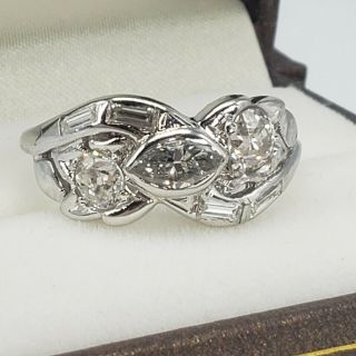 ANTIQUE Art Deco 14kt OLD MINE CUT Diamond Ring Marquise Baguette & Round 1ctw 3