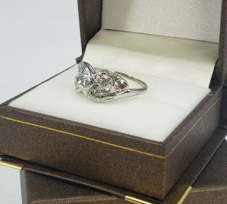 ANTIQUE Art Deco 14kt OLD MINE CUT Diamond Ring Marquise Baguette & Round 1ctw 5