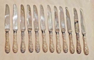 Twelve (12) Antique Rose By Stieff Repousse Sterling Silver Luncheon Knives