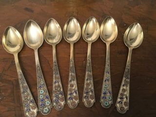 Set Of 7 Russian Ussr Soviet Silver Gilt And Enamel Teaspoons Stamped 875
