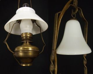 Antique Hanging Oil Lamp Victorian Vintage Smoke Bell Milk Glass Shade Brass