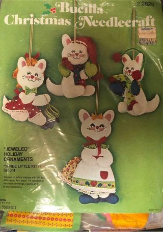 Vintage Bucilla 3 Little Kittens Jeweled Christmas Ornament Kit 4 Cats