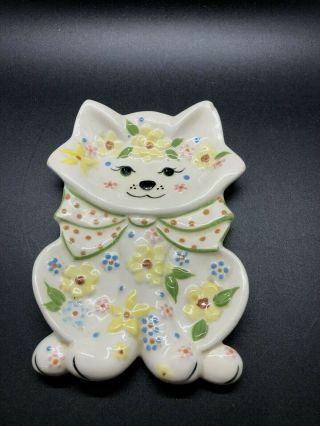 Vintage Cat Smiling Spoon Rest Holder Dish With Flowers