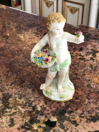 Fine Antique Meissen Porcelain Figure Boy With Bucket Of Flowers