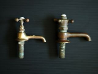 2 Vintage Brass Water Spicket Spigot Nozzle Faucet - Pair Cold And Unmarked