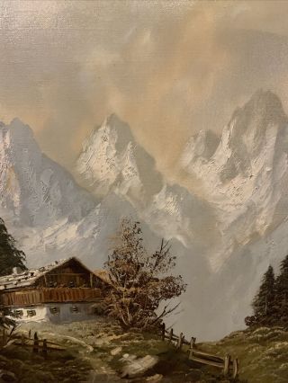 German Swiss Alps Oil Painting On Canvas Signed Antique Frame 33x25”
