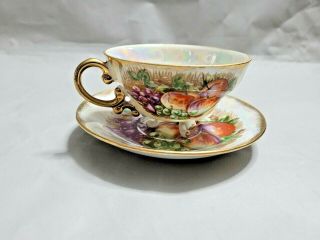 Vintage Footed Tea Cup Saucer Set Fruit Decor Motif