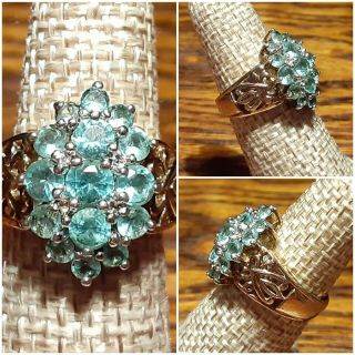 Vintage 15 - Stone Blue Topaz Gold - Plated Silver Ring W/ornate Band Size 4.  75 Guc
