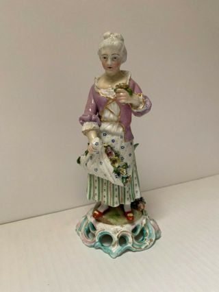 Antique Meissen Style Polychrome Porcelain Figurine Woman With Flowers In Apron
