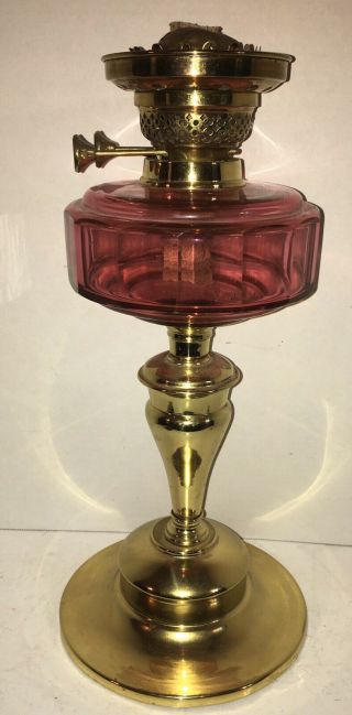 Antique Cranberry Cut Glass Oil Lamp Large Banquet Gwtw 3 English Duplex Burner
