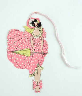 Vintage Die Cut Art Deco Pretty Girl Pink Umbrella Bridge Tally Card