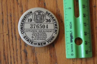 1936 Ny Conservation Pinback Badge Dept Citizen Hunting Fishing Trapping License