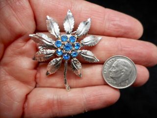 Authentic Vintage 1960 ' s Silver Tone Blue Rhinestone Flower Brooch/Pin 2