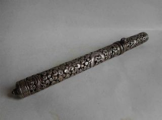 Antique Tibet Top High Aged Silver Openwork Pen Case With Dragon Figures