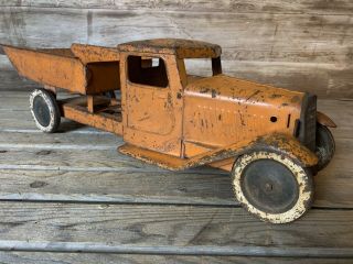 Antique Vintage 1930s Structo Pressed Steel Orange Toy Dump Truck