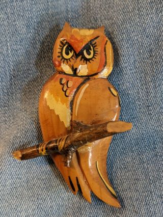 Vintage Carved Wood Owl Pin Brooch Brown Owl Branch Bird Folk Art Hand Made