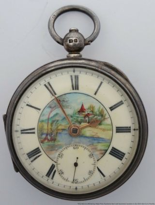 Fancy Painted Dial Antique Sterling Silver Keywind British Running Pocket Watch