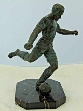 Antique Art Deco French Bronzed Footballer Statue Figurine On Marble Base
