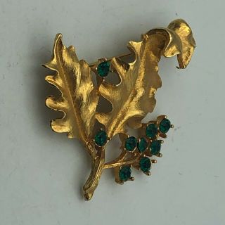 Vintage Christmas Gold Tone Leaf Pin Brooch Green Rhinestones Very Pretty C1