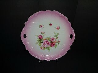 Vintage Pink /white 2 Handled Cake Plate Flowers Pink Roses Floral Scalloped
