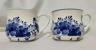 2 Delft Blue Hand Painted Holland Floral Flowers Tea Cup Coffee Mug Daic Set Vtg