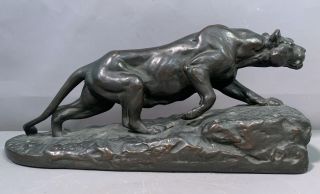 Lg Antique Art Deco Era Bronze Clad Signed Lioness Lion Panther Sculpture Statue
