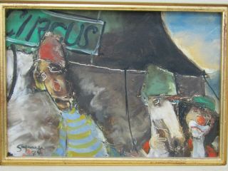 Vintage Artist Signed Circus Clowns With Horse Painting Oil On Canvas
