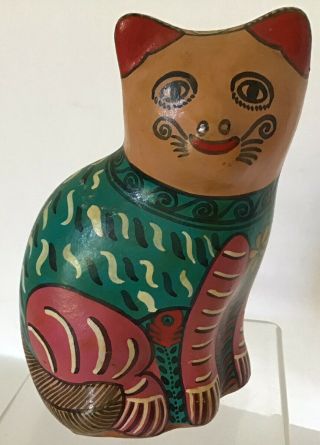 Vintage Tonala Folk Art Redware Pottery Colorful Mexican Cat Figural Hand Made