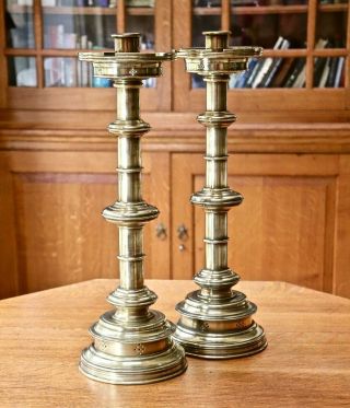 Pair Very Large Antique Brass Gothic Revival Altar Candlesticks