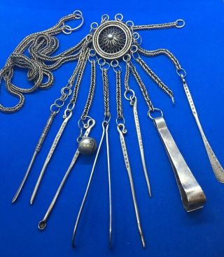 Antique Chatelaine Necklace Chinese / South East Asian Hill Tribal Silver 9