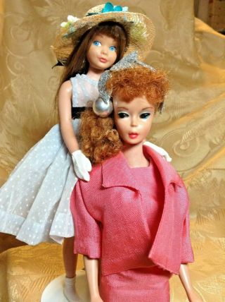 Vintage Mattel Red Ponytail Barbie And Brunette Skipper With Outfits.