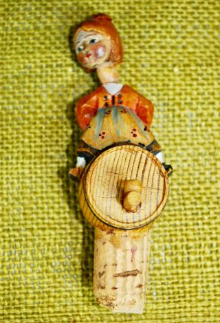 Vintage Bottle Cork Stopper Anri Style Wood Hand Carved Folk Art Girl On Barrel