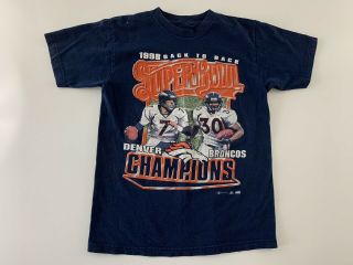 Vtg 90s Denver Broncos Back To Back Bowl Champs Shirt Medium Elway Davis