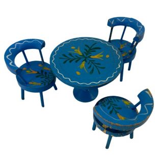 Vintage Miniature Dollhouse 1:12 Blue Floral Round Kitchen Table W/3 Chairs