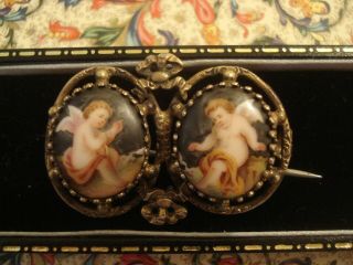 , Antique Victorian: Cherubs; Finely Hand Painted On Porcelain Brooch