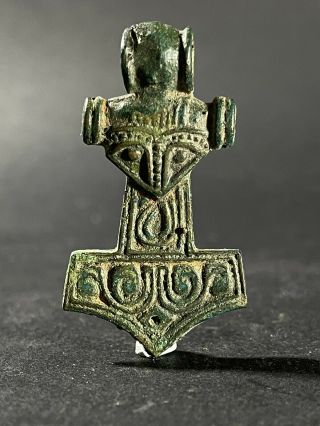 Rare Detailed Ancient Viking Norse Bronze Thor Hammer With Face Of Odin Ca 800ad
